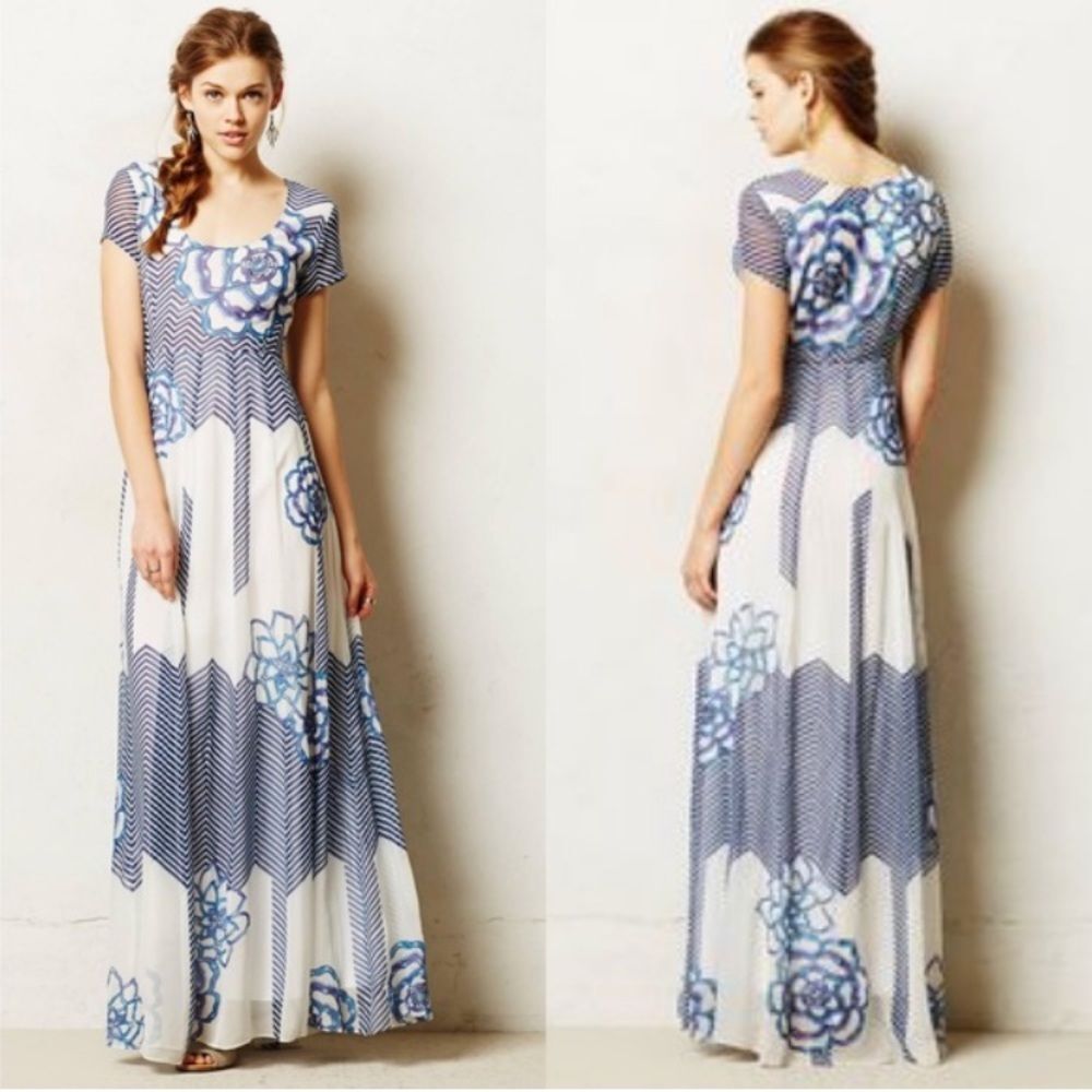 Anthropologie Maxi Dress Blue White Floral Empire Waist Embroidered Bridgerton